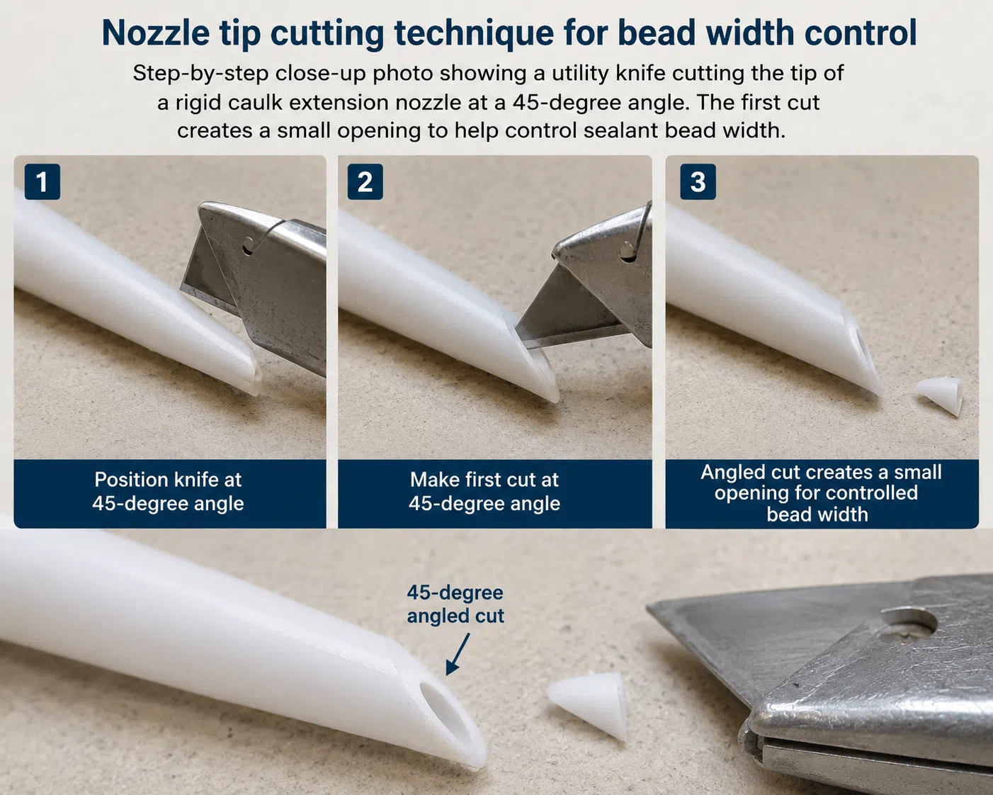Cutting the tip of a rigid caulk extension nozzle at 45 degrees with a utility knife, showing the small initial opening used to control sealant bead width