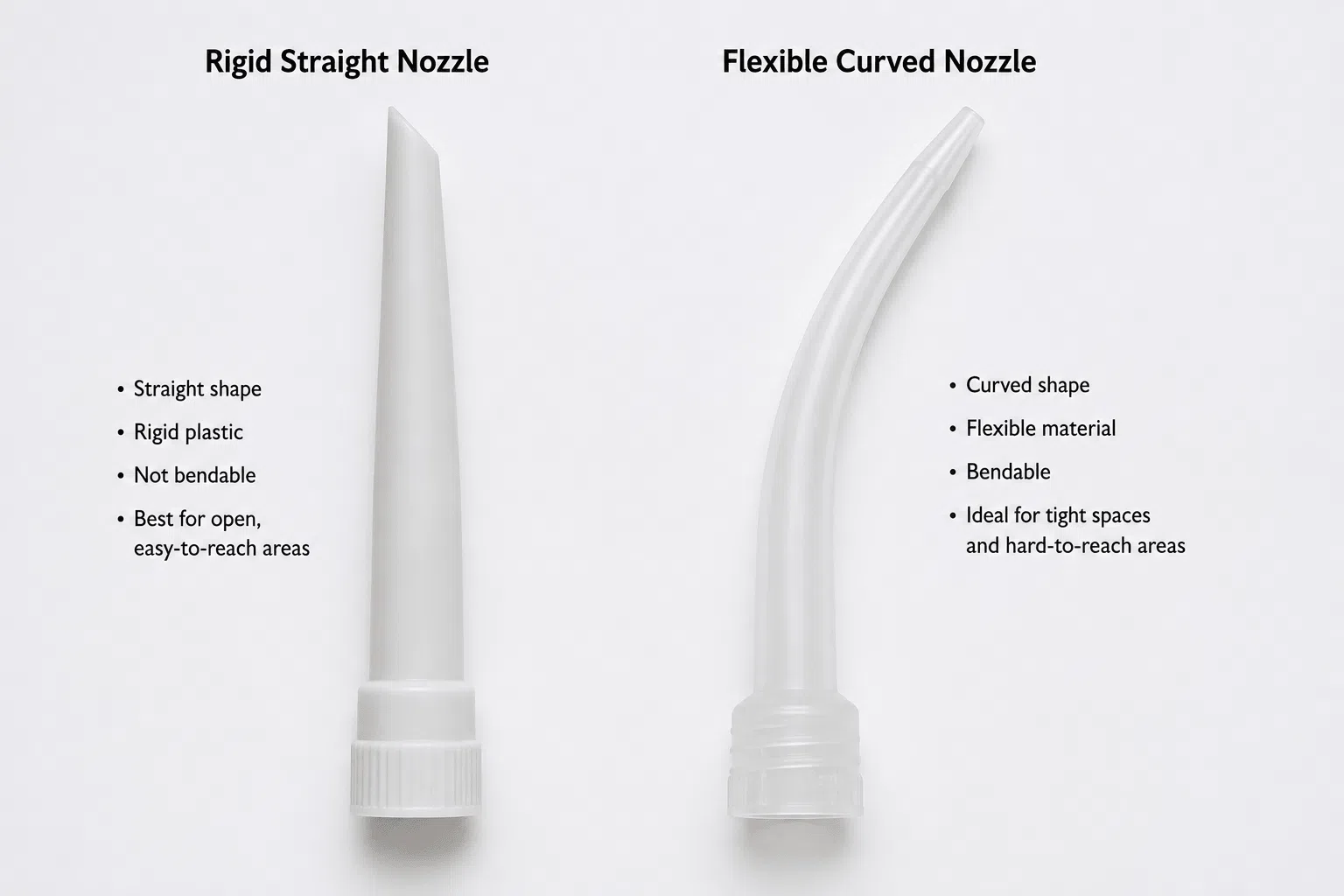 Comparison of a rigid straight caulk extension nozzle and a flexible curved caulk extension nozzle laid side by side, showing the material and shape differences