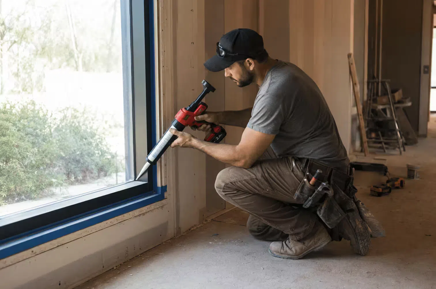 Cordless caulking gun used on an interior window installation with no hose or compressor nearby, showing the mobility advantage for renovation and fit-out jobsites