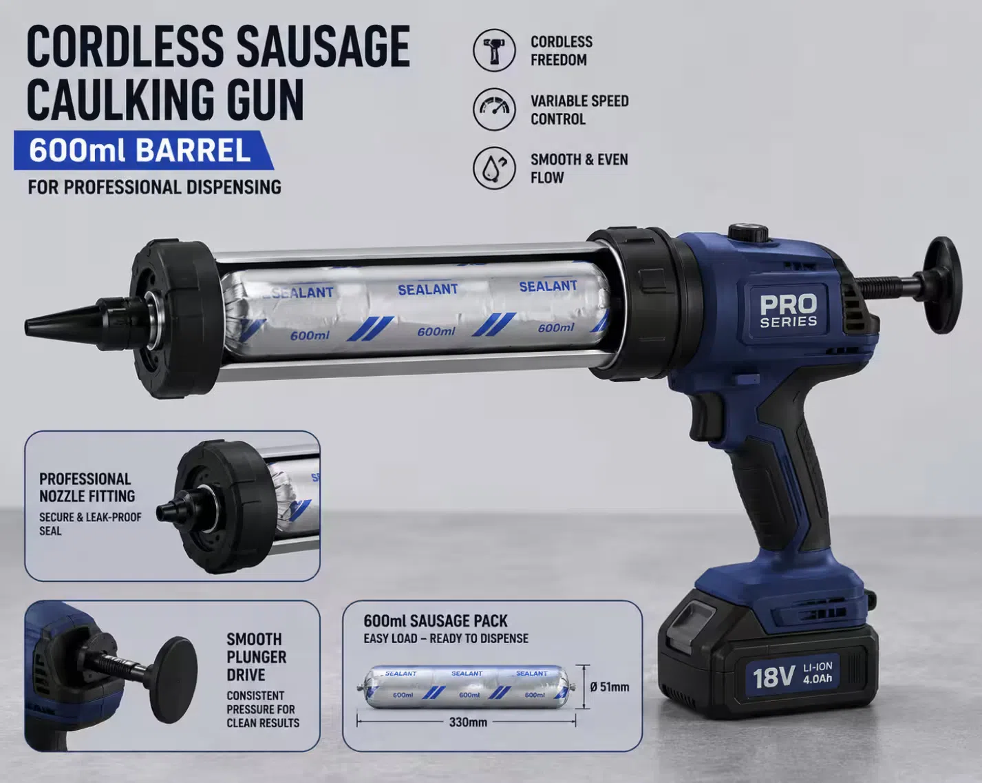 Cordless sausage caulking gun with 600ml barrel showing the sausage pack loaded inside the cylindrical holder for professional dispensing