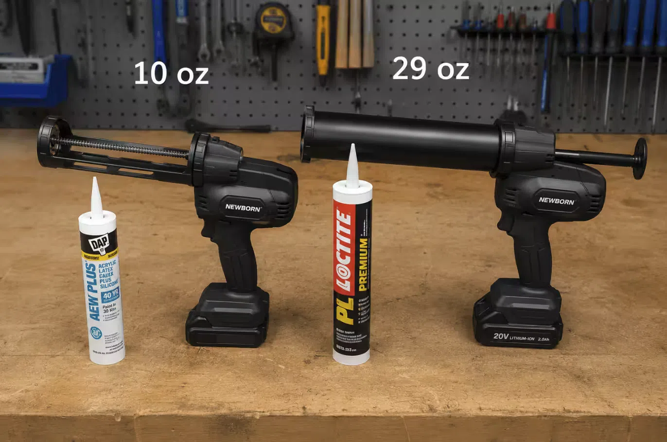 Side-by-side view of battery caulking gun barrel holders for 10oz cartridge and 29oz cartridge, showing size difference for sourcing decisions