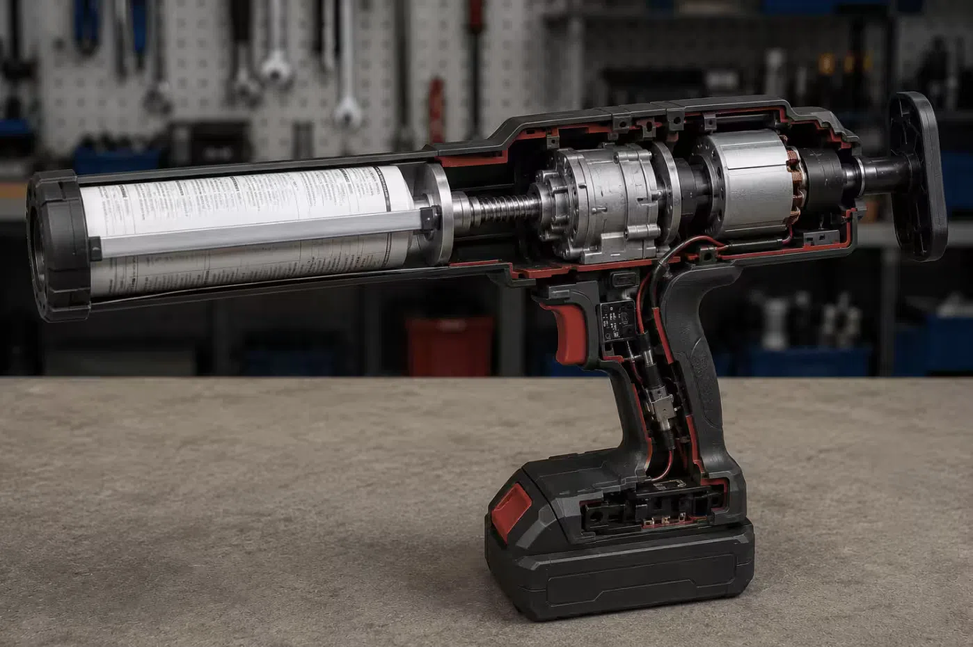 Brushless motor and metal gear train inside a heavy-duty cordless caulking gun, showing the components that sustain consistent dispensing force under professional workloads