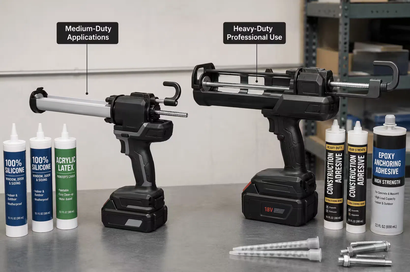 Side-by-side comparison of medium-duty and heavy-duty cordless caulking guns showing differences in frame construction, battery size, and barrel design for different professional applications