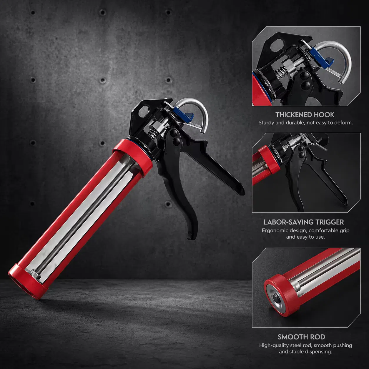 Red manual caulking gun with thickened hook, labor-saving trigger, and smooth steel rod for stable dispensing
