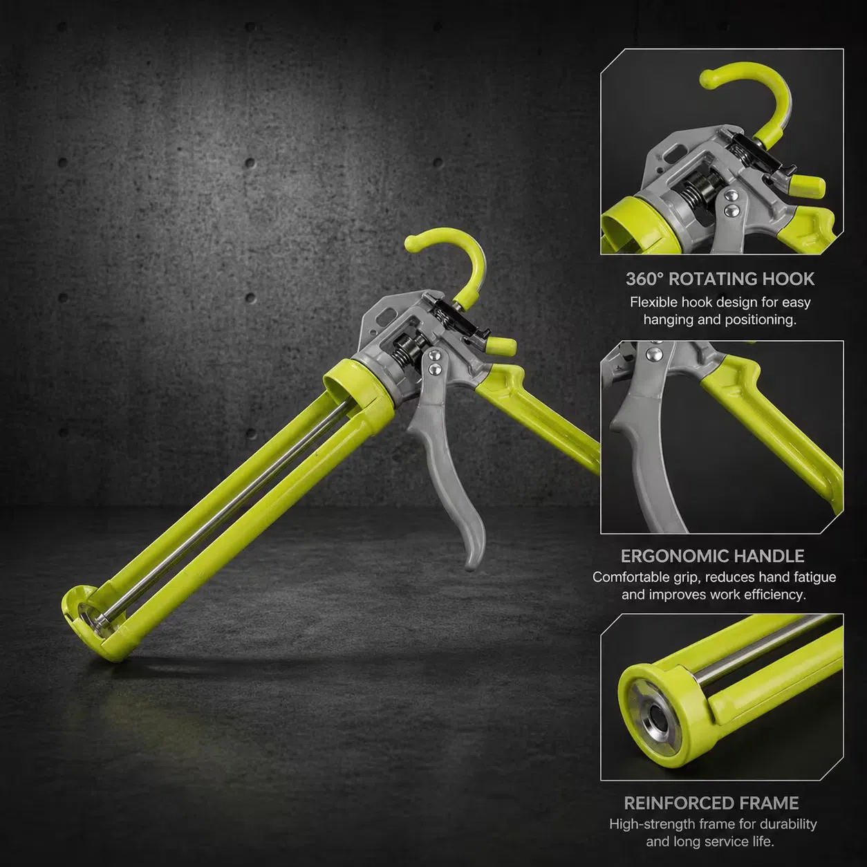 Lime green manual caulking gun with 360 degree rotating hook, ergonomic handle, and reinforced frame