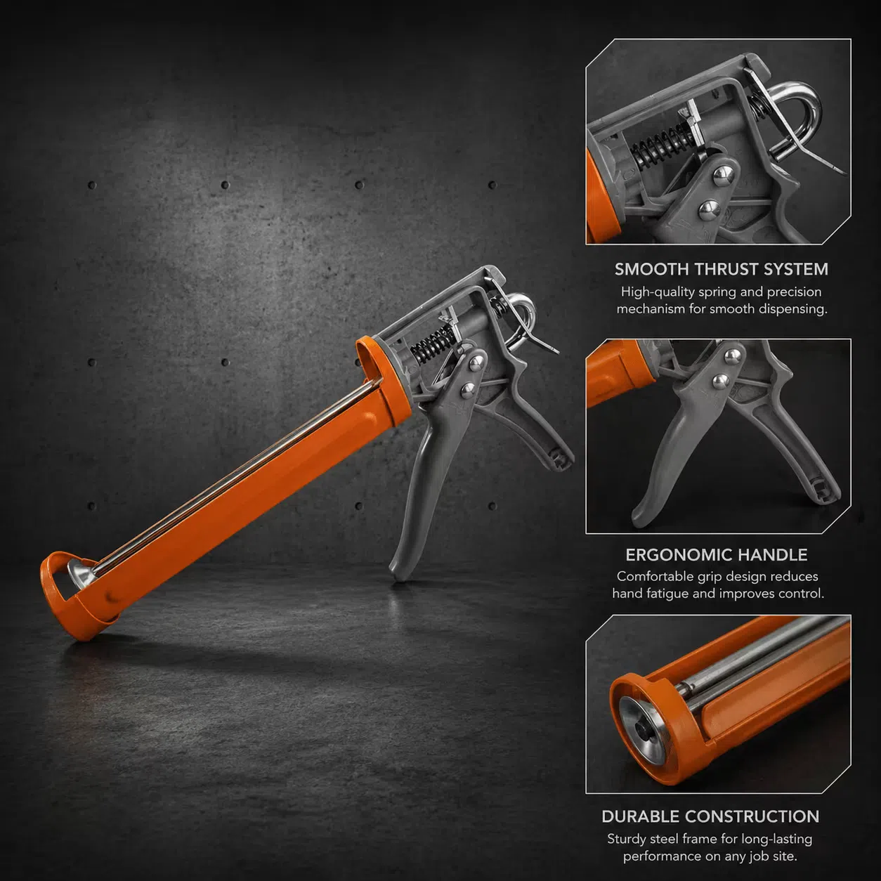 Orange manual caulking gun with smooth thrust system, ergonomic grip, and durable steel frame for construction use