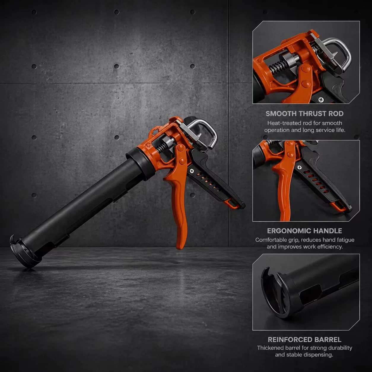 Heavy-duty manual caulking gun with smooth thrust rod, ergonomic handle, and reinforced barrel for stable sealant dispensing