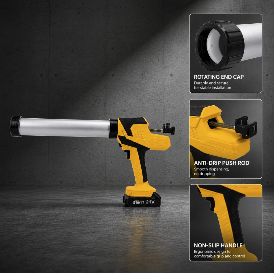 Cordless sausage caulking gun with close-up feature details including rotating end cap, anti-drip push rod, and non-slip handle